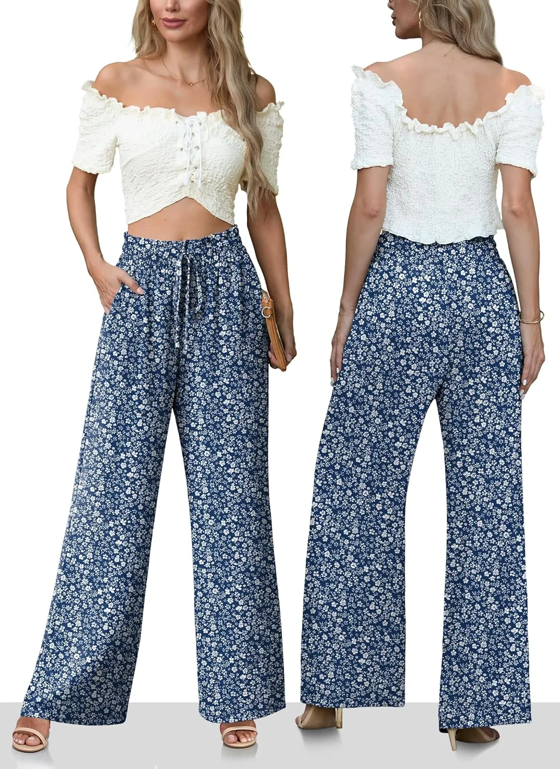 Women's High Waisted Wide Leg Pants Flowy Palazzo Pants Work Casual Tie Knot Pants with Pockets