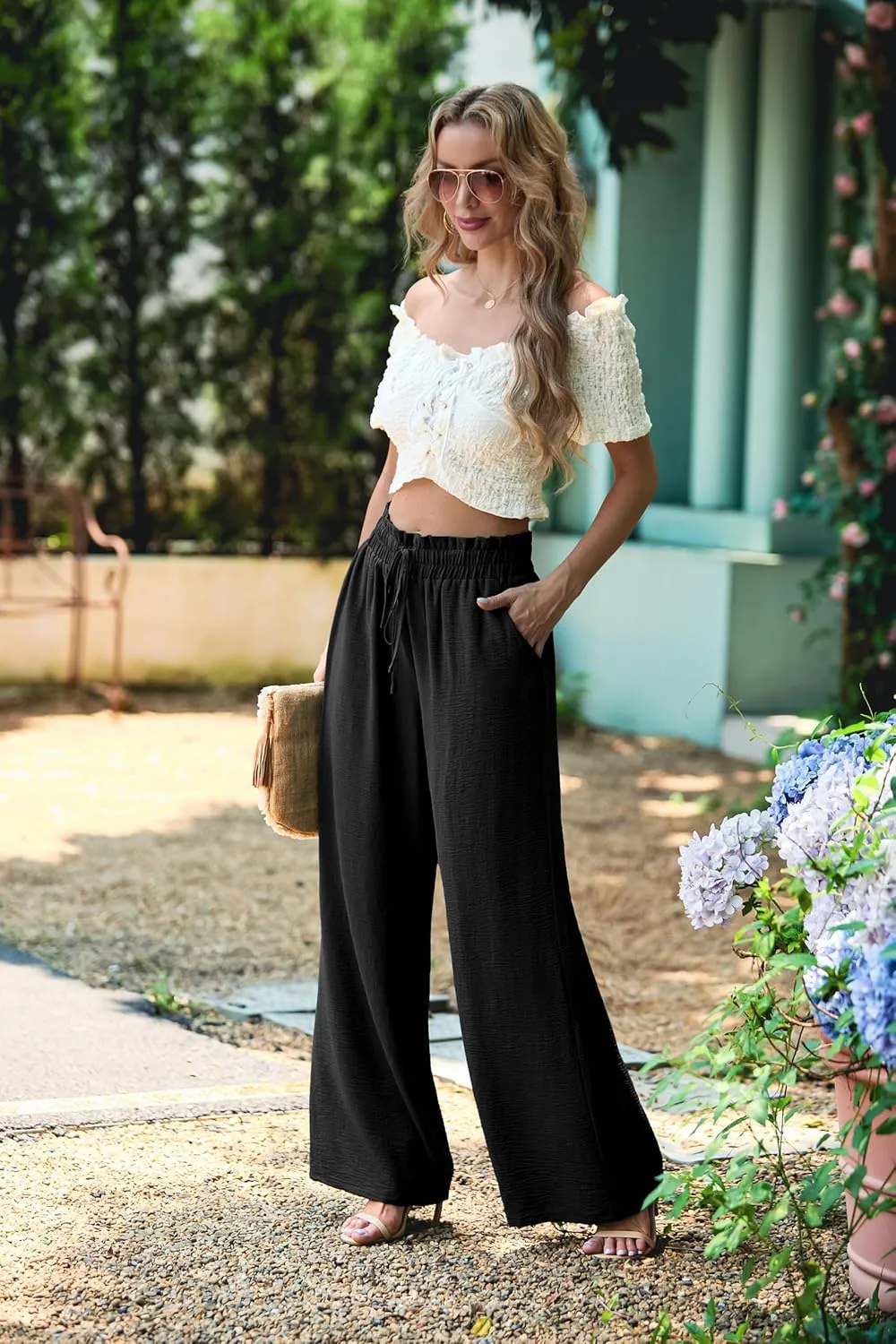 Women's High Waisted Wide Leg Pants Flowy Palazzo Pants Work Casual Tie Knot Pants with Pockets