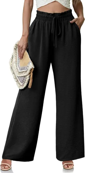 Women's High Waisted Wide Leg Pants Flowy Palazzo Pants Work Casual Tie Knot Pants with Pockets