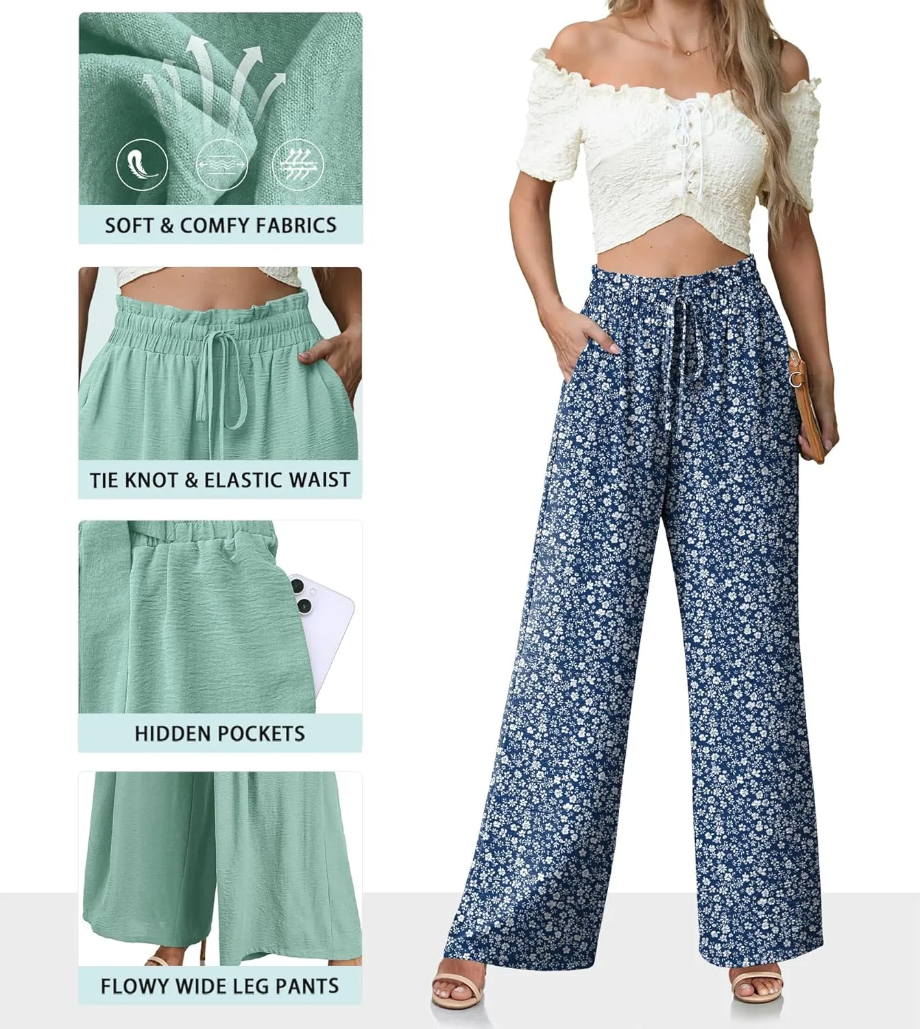 Women's High Waisted Wide Leg Pants Flowy Palazzo Pants Work Casual Tie Knot Pants with Pockets