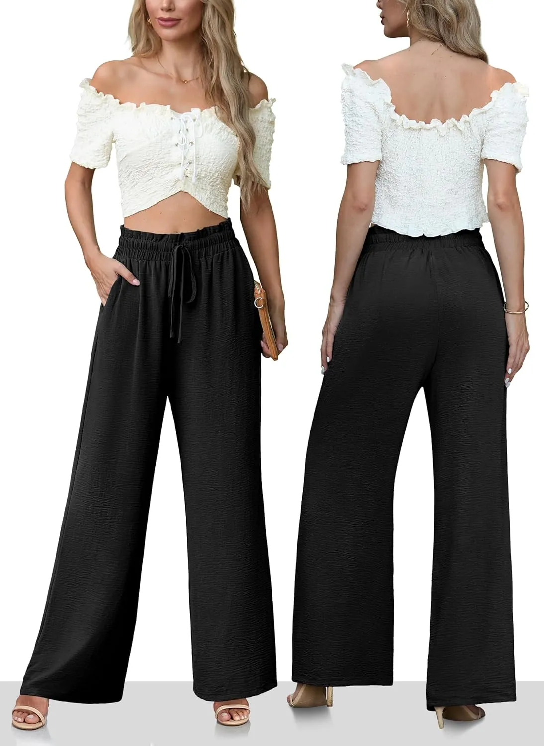 Women's High Waisted Wide Leg Pants Flowy Palazzo Pants Work Casual Tie Knot Pants with Pockets