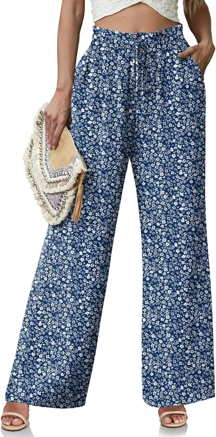 Women's High Waisted Wide Leg Pants Flowy Palazzo Pants Work Casual Tie Knot Pants with Pockets