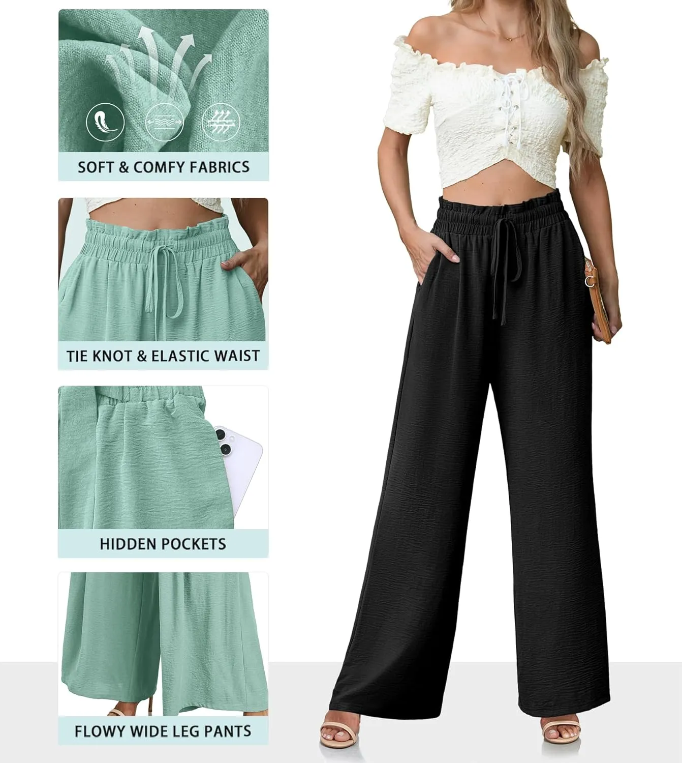 Women's High Waisted Wide Leg Pants Flowy Palazzo Pants Work Casual Tie Knot Pants with Pockets