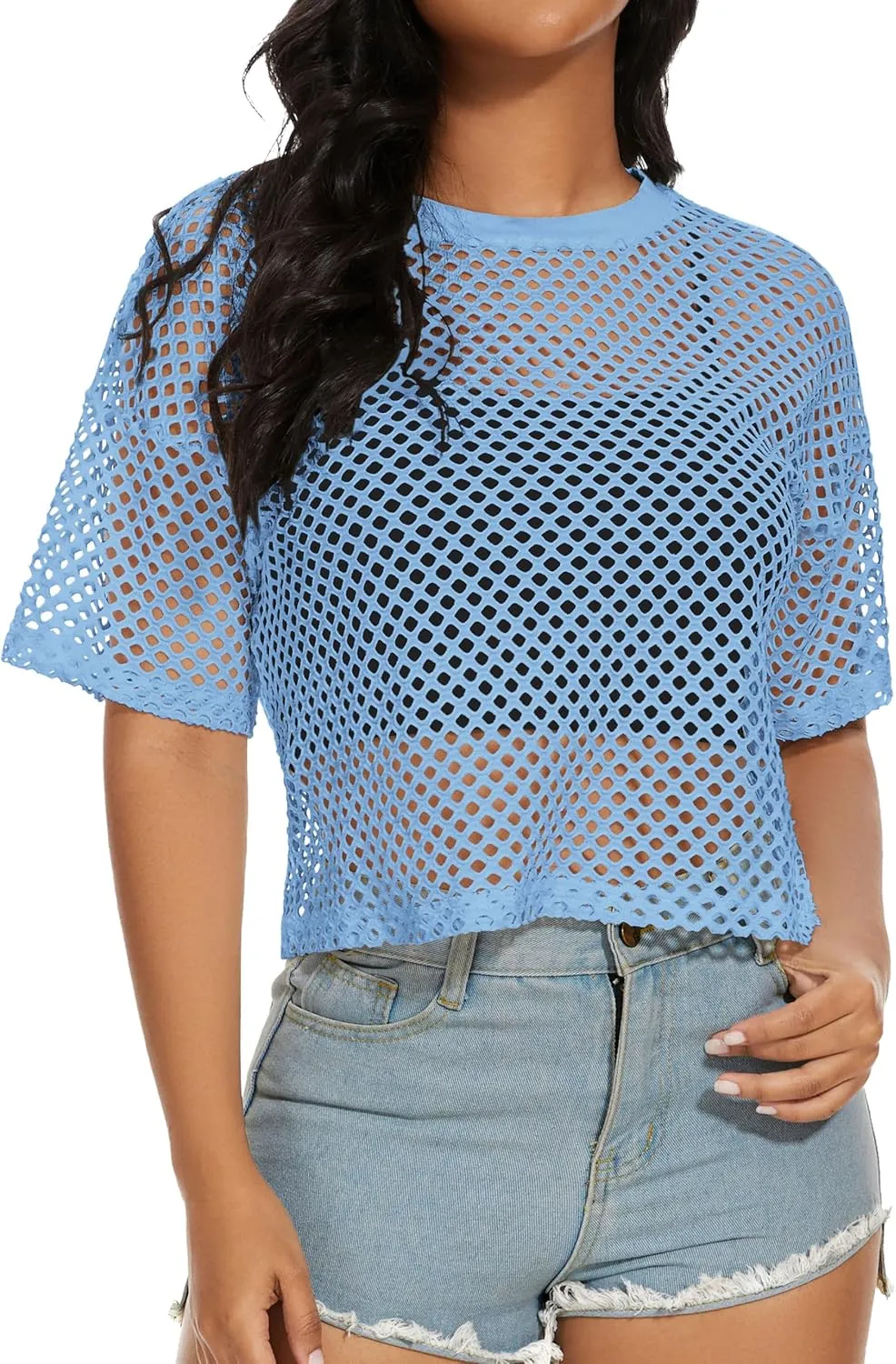Women's Mesh Fishnet Top See Through Cover Up Short Sleeves T Shirts Sheer Blouse