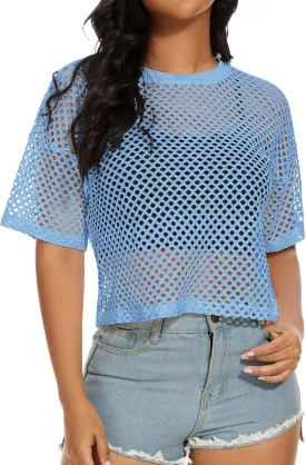 Women's Mesh Fishnet Top See Through Cover Up Short Sleeves T Shirts Sheer Blouse
