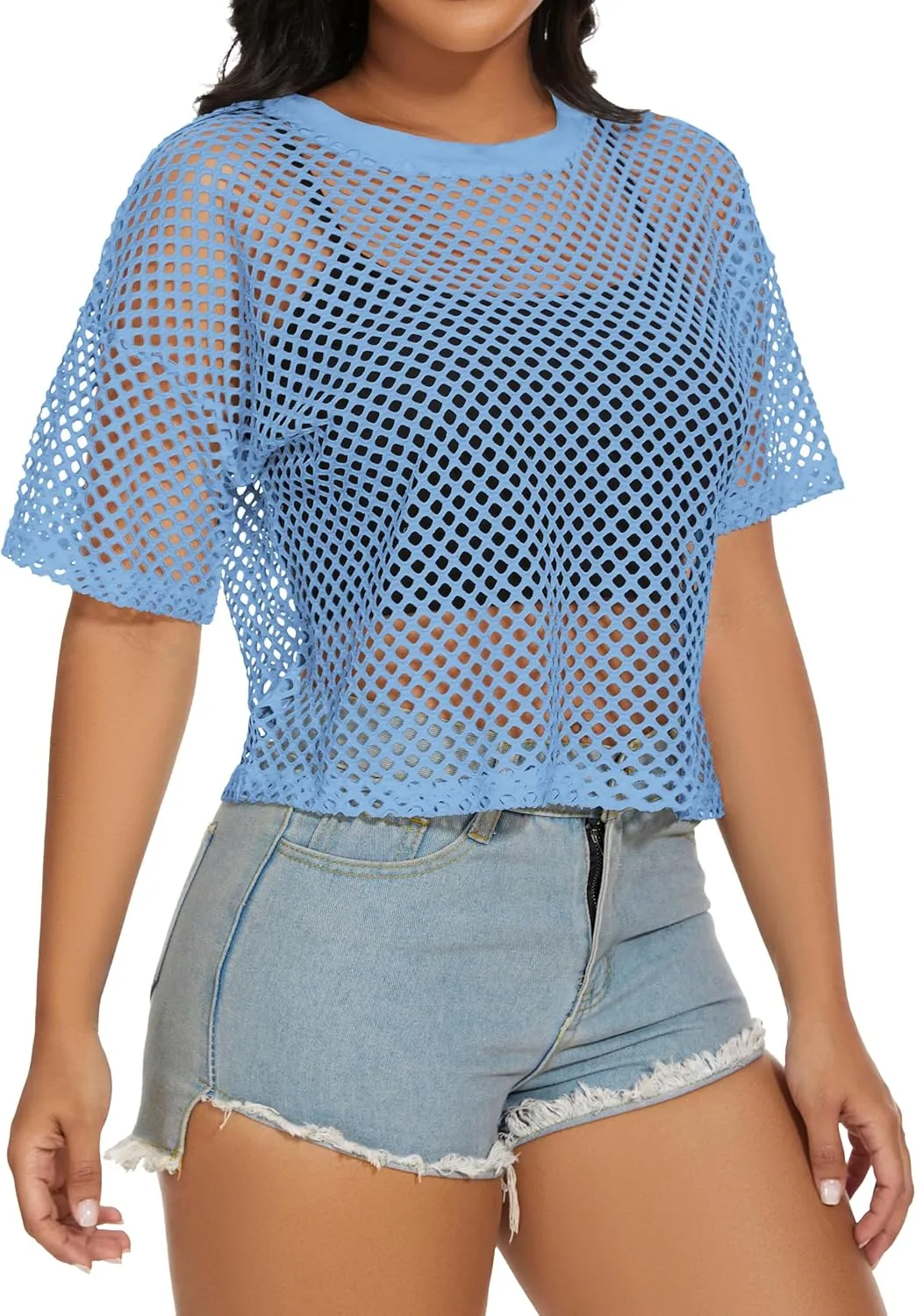 Women's Mesh Fishnet Top See Through Cover Up Short Sleeves T Shirts Sheer Blouse