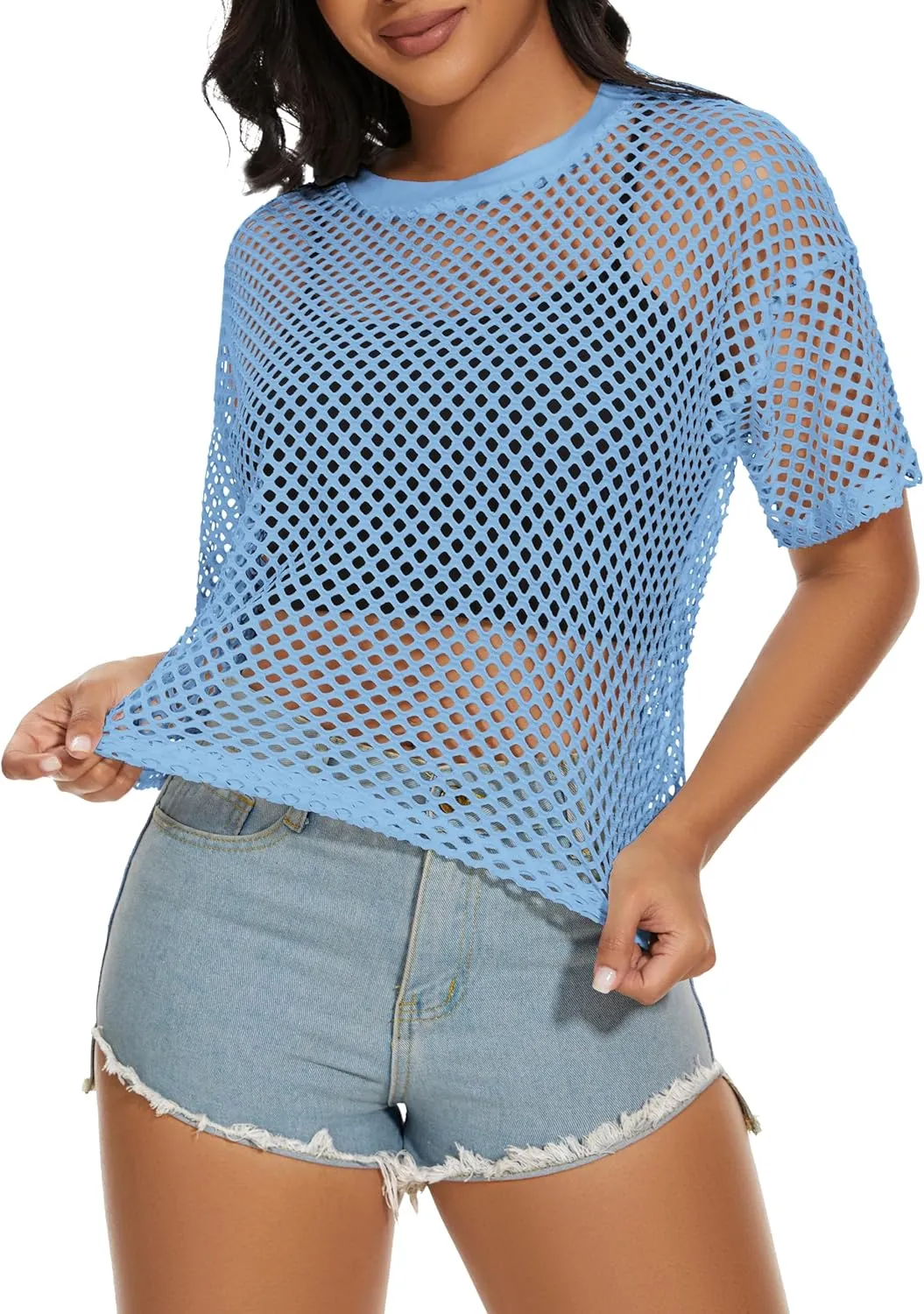 Women's Mesh Fishnet Top See Through Cover Up Short Sleeves T Shirts Sheer Blouse