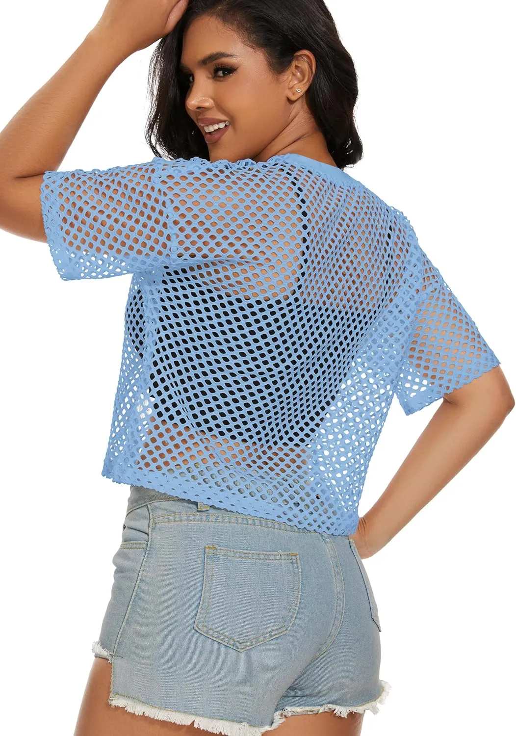 Women's Mesh Fishnet Top See Through Cover Up Short Sleeves T Shirts Sheer Blouse