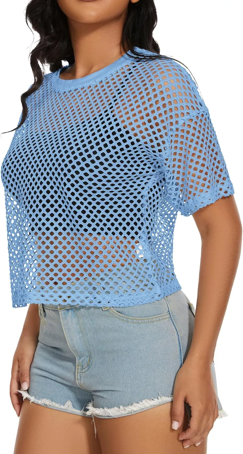 Women's Mesh Fishnet Top See Through Cover Up Short Sleeves T Shirts Sheer Blouse