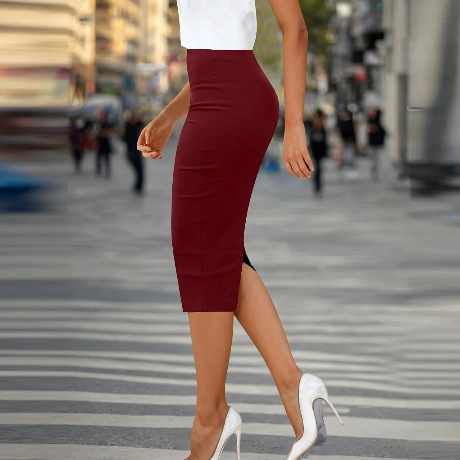 Women's Pencil Skirt Solid Color High Waist Office Bodycon Knee Length Midi Skirts Casual Trendy Business Work Skirt