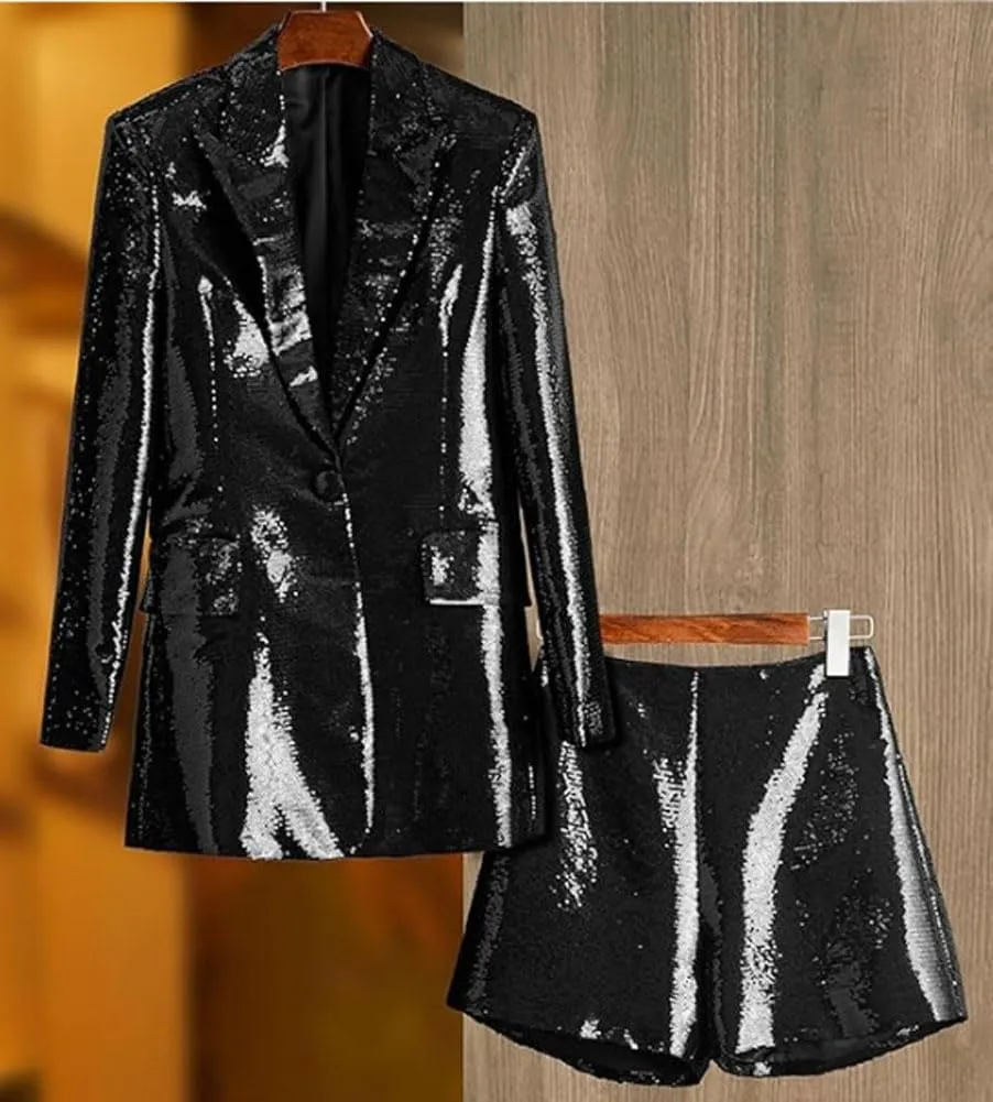 Womens Sequins Blazer Shorts Suit Set 2 PC Single Breasted Womens Glitter Suit Notch Lapel Prom Party Suit