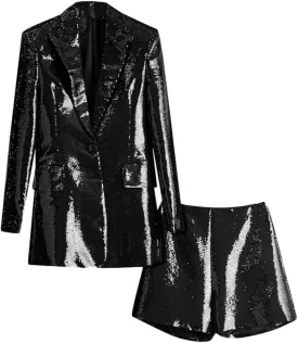 Womens Sequins Blazer Shorts Suit Set 2 PC Single Breasted Womens Glitter Suit Notch Lapel Prom Party Suit