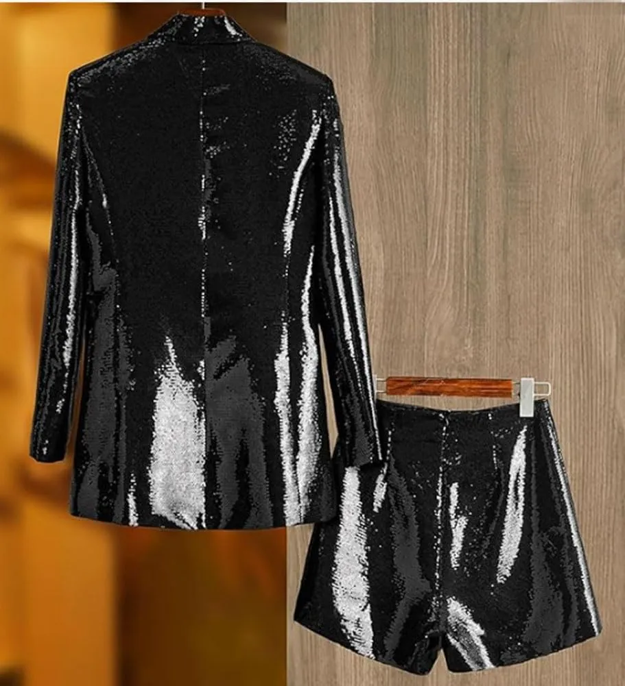 Womens Sequins Blazer Shorts Suit Set 2 PC Single Breasted Womens Glitter Suit Notch Lapel Prom Party Suit