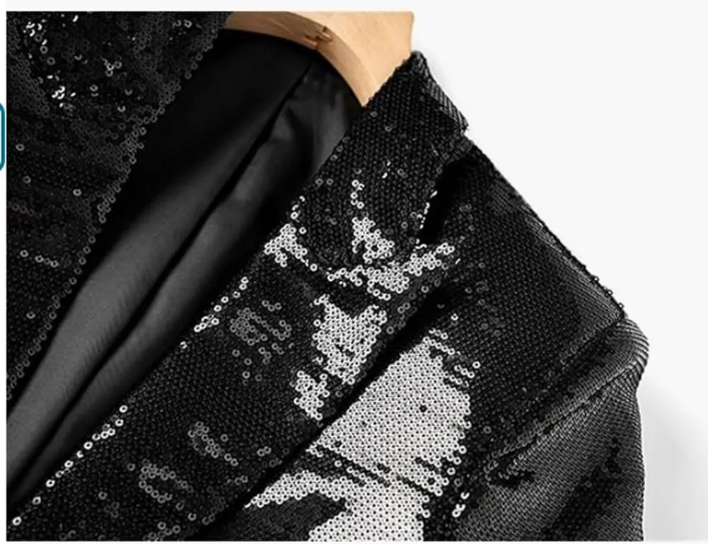 Womens Sequins Blazer Shorts Suit Set 2 PC Single Breasted Womens Glitter Suit Notch Lapel Prom Party Suit