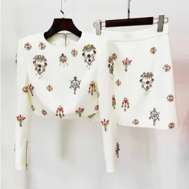 Women's Skirt Suit Fitted nail bead diamond Short Crop Jacket   Mini Skirt Suit