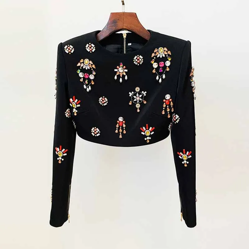 Women's Skirt Suit Fitted nail bead diamond Short Crop Jacket   Mini Skirt Suit
