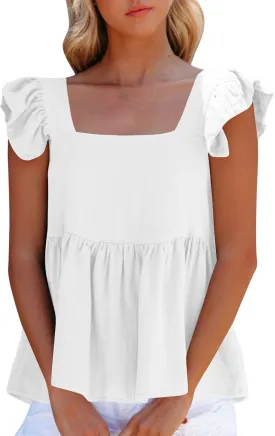 Women's Smocked Peplum Tops Solid Color Cute Square Neck Ruffle Sleeveless Shirts Casual Fashion Loose Fit Blouse