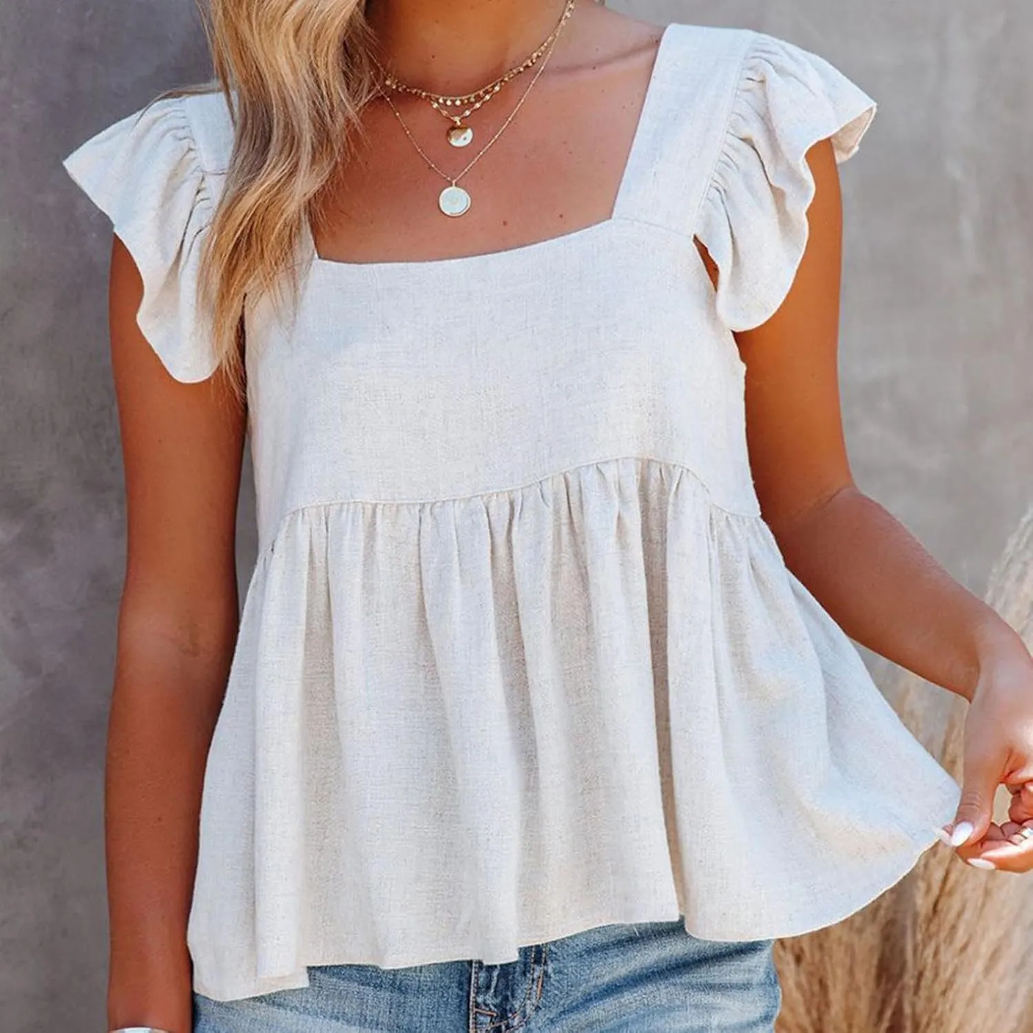 Women's Smocked Peplum Tops Solid Color Cute Square Neck Ruffle Sleeveless Shirts Casual Fashion Loose Fit Blouse