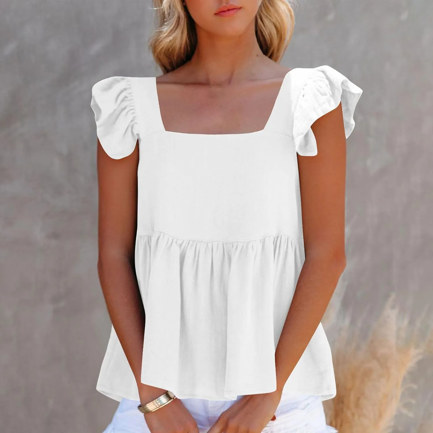 Women's Smocked Peplum Tops Solid Color Cute Square Neck Ruffle Sleeveless Shirts Casual Fashion Loose Fit Blouse