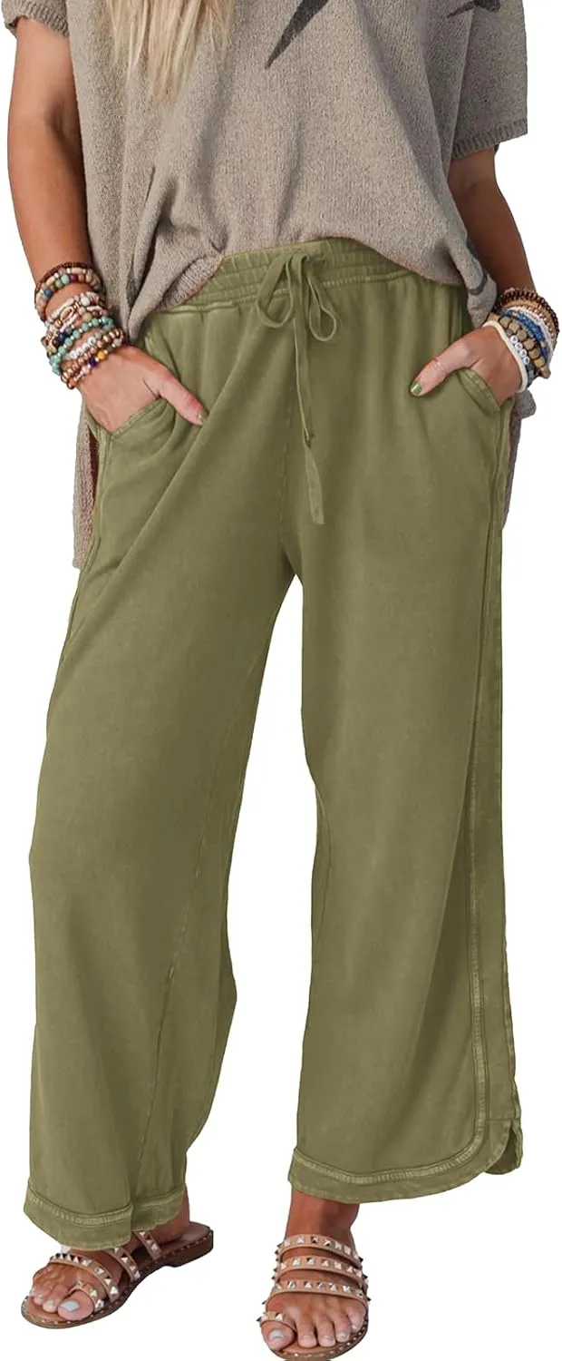 Womens Wide Leg Pants Casual High Waisted Palazzo Pants Lightweight Summer Flowy Beach Pants with Pockets