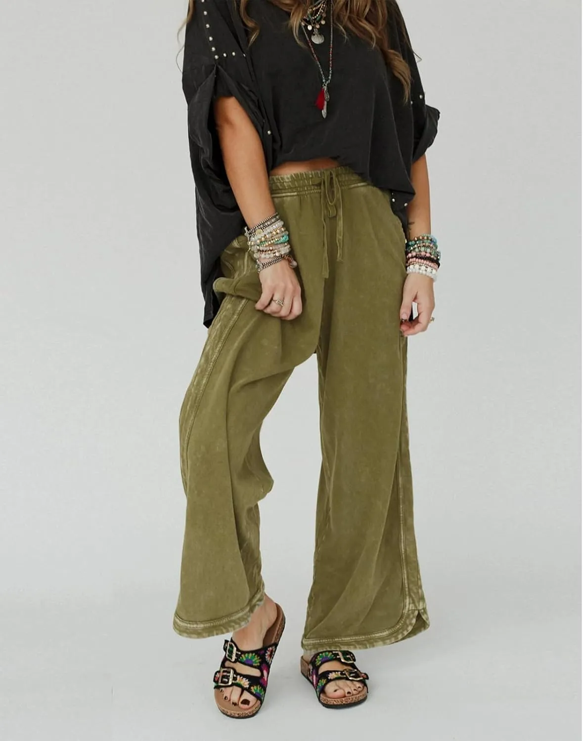 Womens Wide Leg Pants Casual High Waisted Palazzo Pants Lightweight Summer Flowy Beach Pants with Pockets