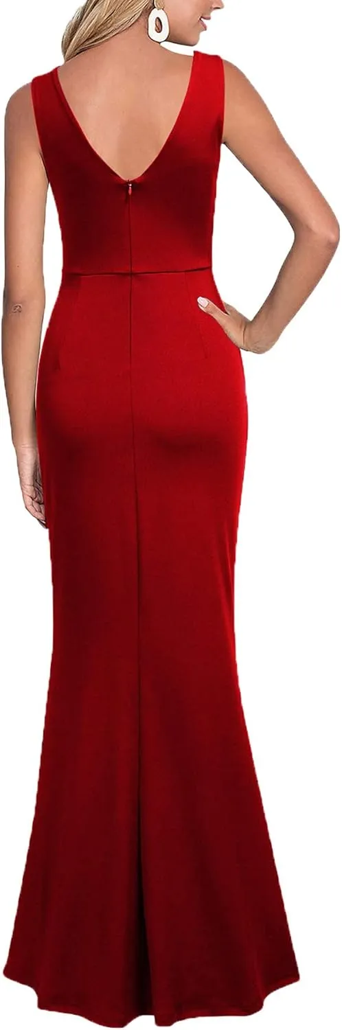 WOOSEA Women Sleeveless V Neck Split Evening Cocktail Long Dress