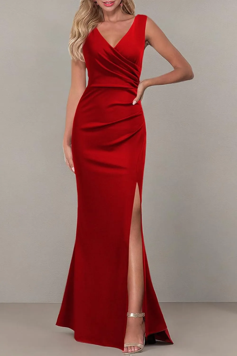 WOOSEA Women Sleeveless V Neck Split Evening Cocktail Long Dress