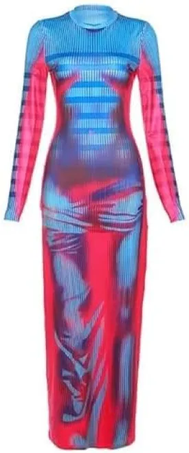 Y2K 3D Body Print Maxi Dress Women Aesthetic Long Sleeve Unique Sexy Body-Shaping Robe Party Clubwear Clothing