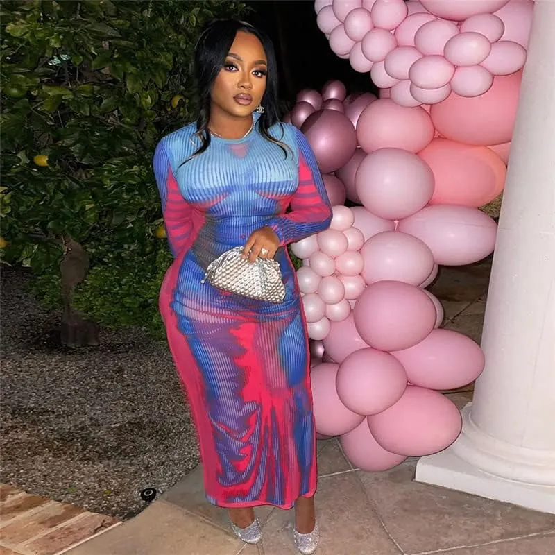 Y2K 3D Body Print Maxi Dress Women Aesthetic Long Sleeve Unique Sexy Body-Shaping Robe Party Clubwear Clothing