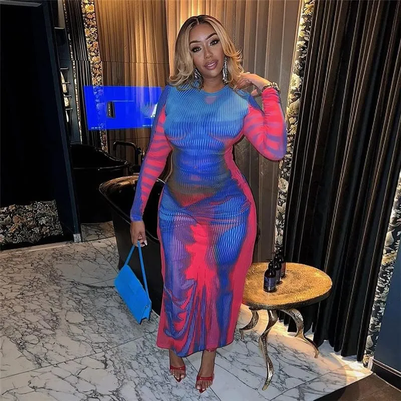 Y2K 3D Body Print Maxi Dress Women Aesthetic Long Sleeve Unique Sexy Body-Shaping Robe Party Clubwear Clothing
