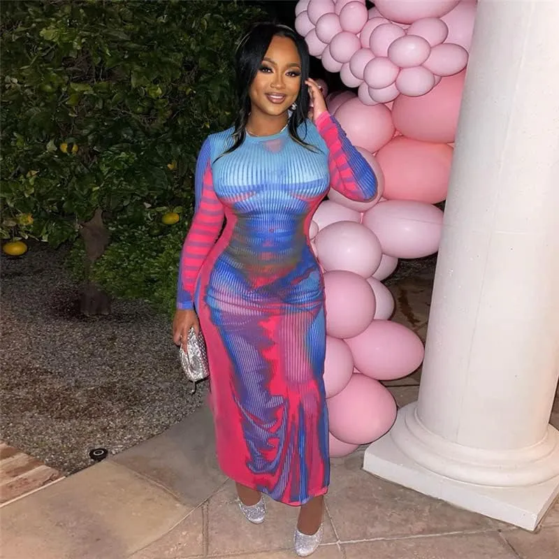Y2K 3D Body Print Maxi Dress Women Aesthetic Long Sleeve Unique Sexy Body-Shaping Robe Party Clubwear Clothing