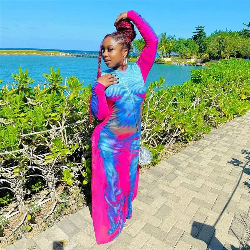 Y2K 3D Body Print Maxi Dress Women Aesthetic Long Sleeve Unique Sexy Body-Shaping Robe Party Clubwear Clothing