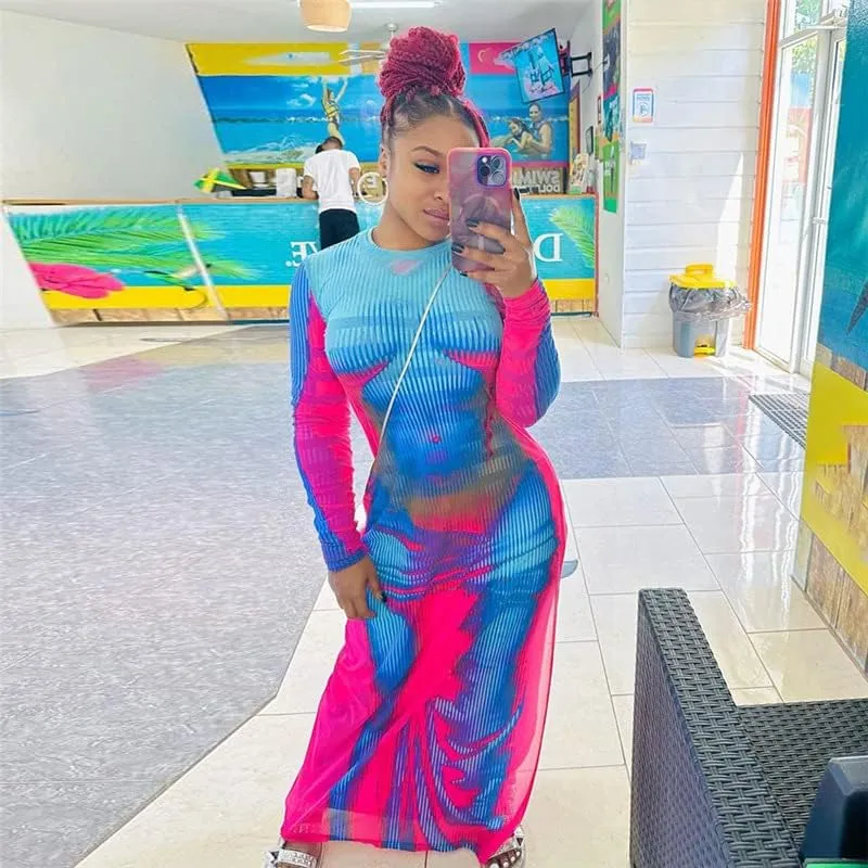 Y2K 3D Body Print Maxi Dress Women Aesthetic Long Sleeve Unique Sexy Body-Shaping Robe Party Clubwear Clothing