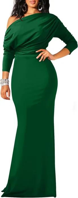 YMDUCH Women's Sexy Elegant Long Sleeve Off Shoulder Bodycon Long Evening Formal Dress