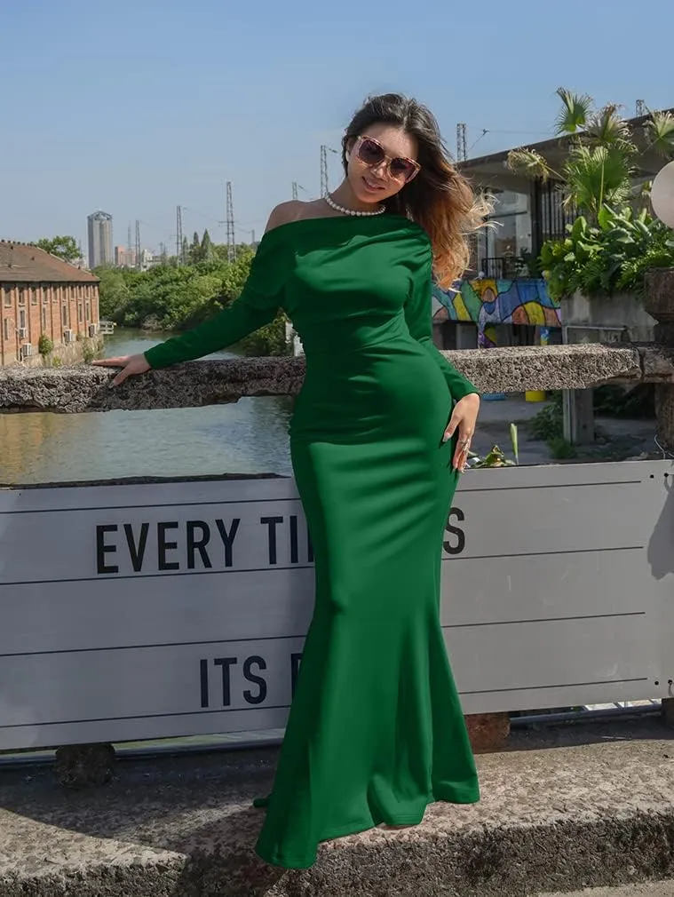 YMDUCH Women's Sexy Elegant Long Sleeve Off Shoulder Bodycon Long Evening Formal Dress