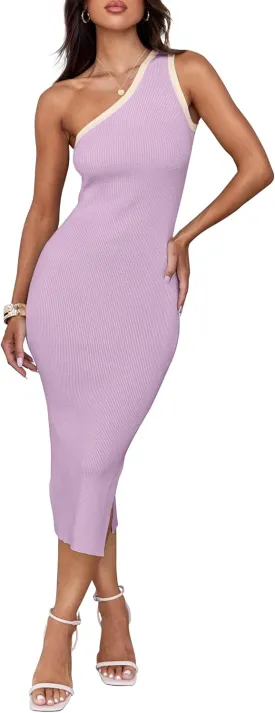 ZESICA Women's 2025 Summer One Shoulder Bodycon Midi Dresses Casual Sleeveless Ribbed Knit Side Slit Sweater Dress