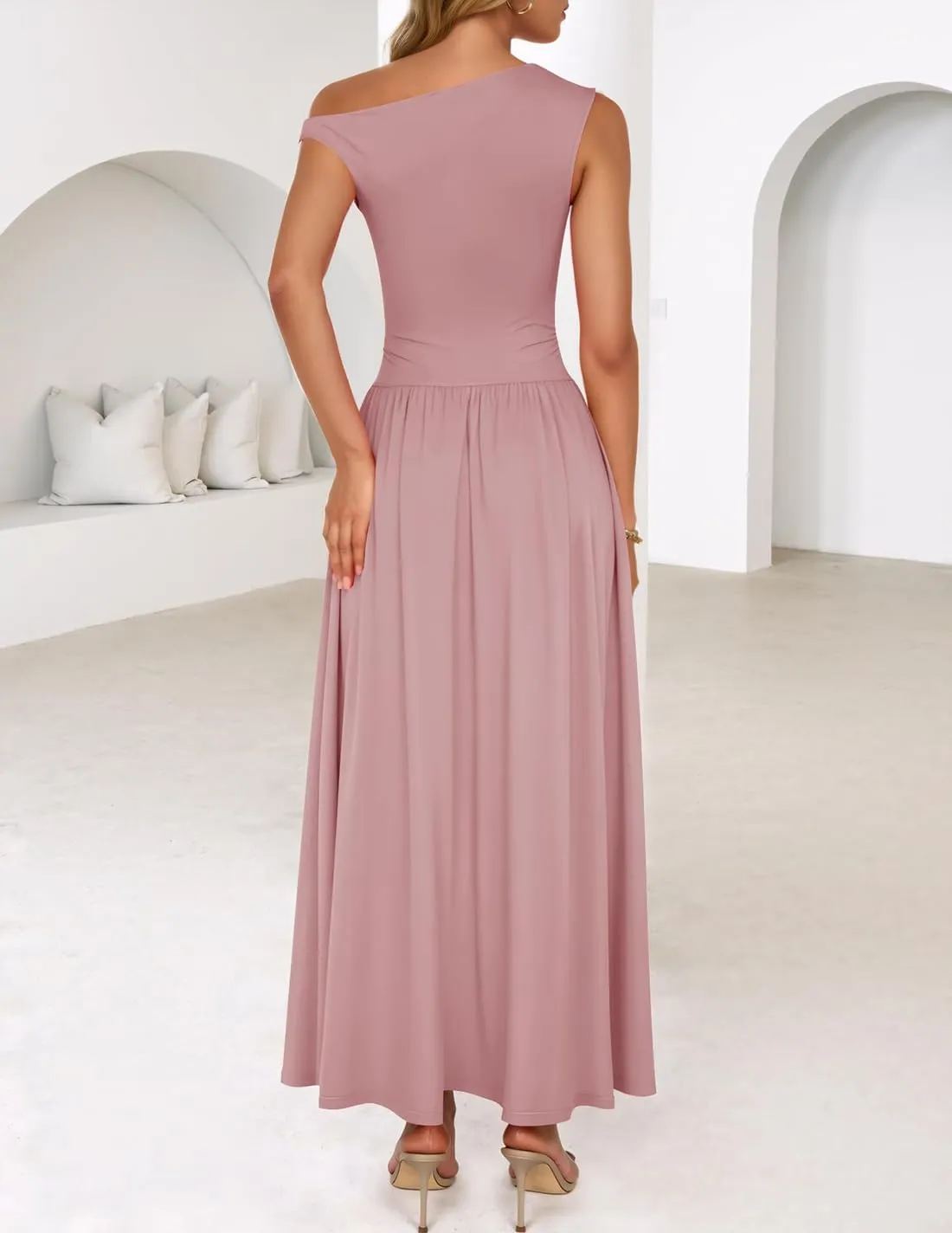ZESICA Women's Summer 2025 Sleeveless Maxi Dress One Shoulder Casual Slim Swing Pleated Formal Dresses with Pockets