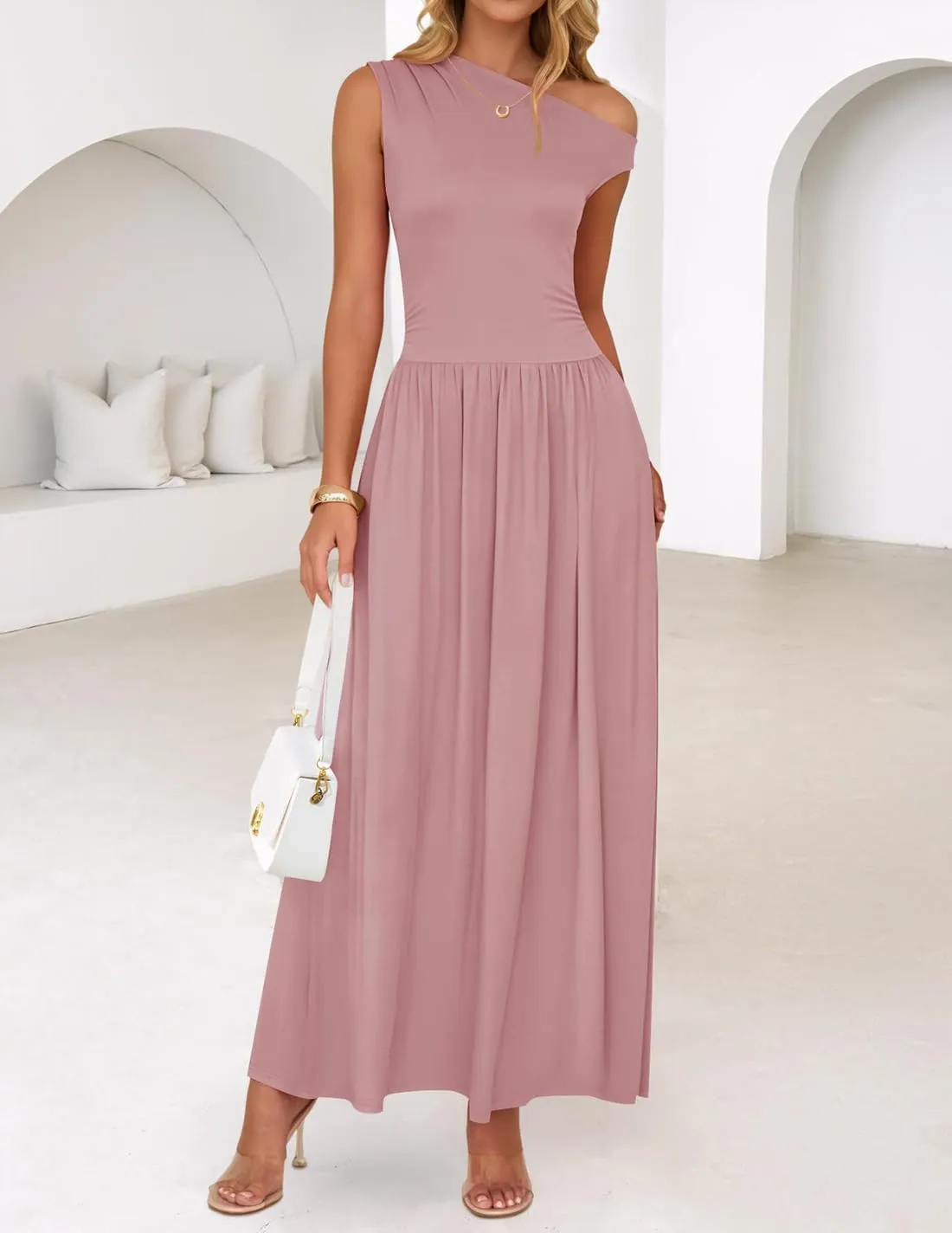 ZESICA Women's Summer 2025 Sleeveless Maxi Dress One Shoulder Casual Slim Swing Pleated Formal Dresses with Pockets