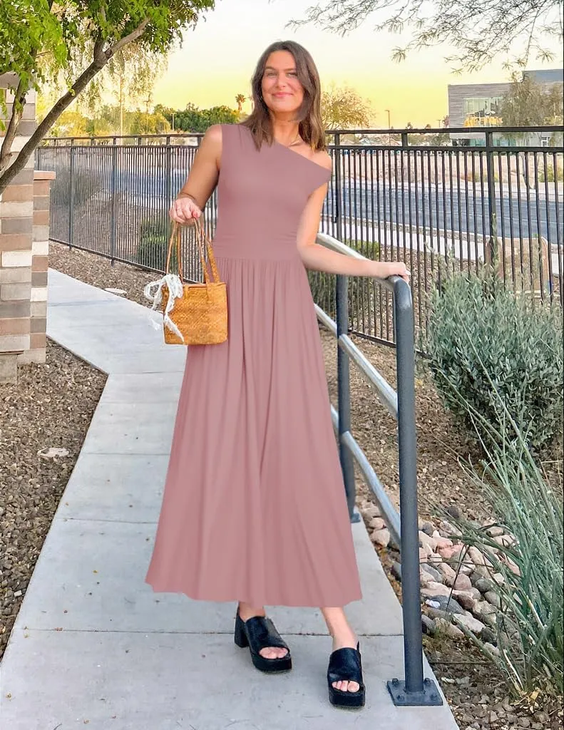 ZESICA Women's Summer 2025 Sleeveless Maxi Dress One Shoulder Casual Slim Swing Pleated Formal Dresses with Pockets