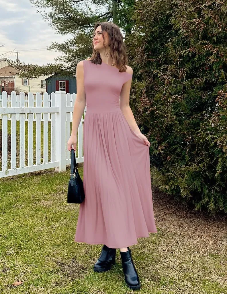 ZESICA Women's Summer 2025 Sleeveless Maxi Dress One Shoulder Casual Slim Swing Pleated Formal Dresses with Pockets