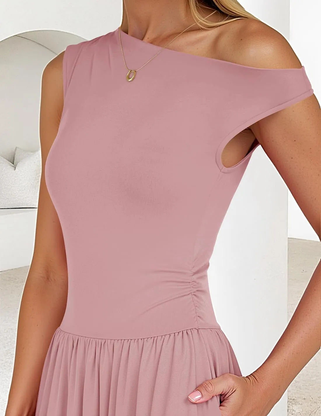 ZESICA Women's Summer 2025 Sleeveless Maxi Dress One Shoulder Casual Slim Swing Pleated Formal Dresses with Pockets