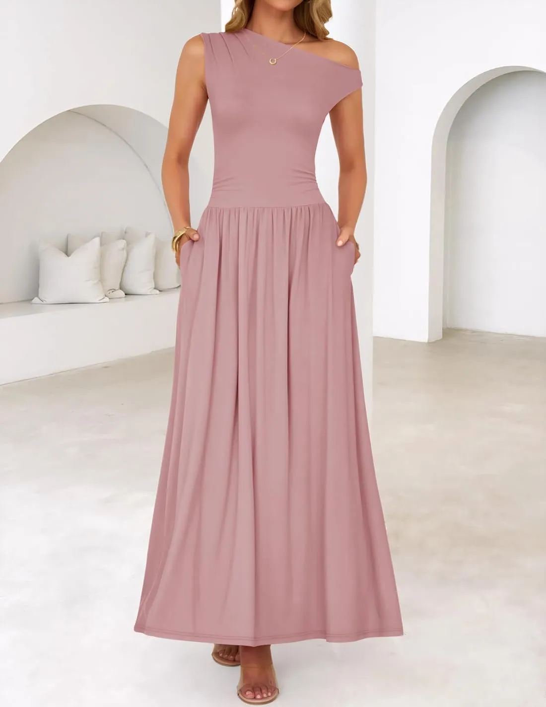 ZESICA Women's Summer 2025 Sleeveless Maxi Dress One Shoulder Casual Slim Swing Pleated Formal Dresses with Pockets