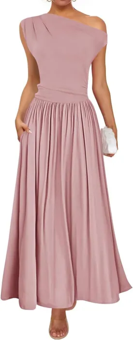 ZESICA Women's Summer 2025 Sleeveless Maxi Dress One Shoulder Casual Slim Swing Pleated Formal Dresses with Pockets